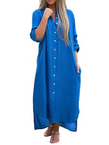 Damen Sommerkleider Langes Kleider Reverskragen Einfarbig Maxikleider Strandkleid Blau,Größe XXL