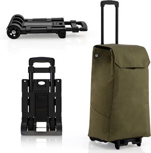 COSTWAY 2in1 Einkaufswagen & Trolley mit 38L-Fassungsvermögen, 3-stufig höhenverstellbarer Einkaufsroller mit 2 Rädern & 2 Seitentaschen & Reißverschlusstasche, bis 60kg belastbar Olivgrün