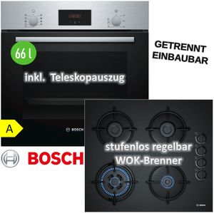 Bosch Herdset Autark Gasherd Einbau Backofen Heißluft + GAS Kochfeld auf HARTGLAS 60cm