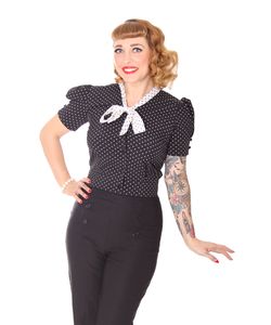 SugarShock Maikai 40er retro Polka Dots Schluppen Kurz Bluse, Größe:S, Farbe:schwarz weiss
