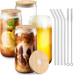 4er Set Glas mit Deckel und Strohhalm, 500ML Bubble Tea Becher, Glas Dosenform,Trinkgläser mit Deckel und Strohhalm,