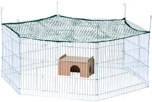 dobar 6-eckiges Freigehege mit Schutznetz und Nagerhaus, Auslauf für Kleintiere, 165 x 145 x 60 cm, Metall