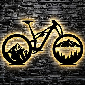 Fahrrad Wald Skyline LED Wandbild Leuchtschild Geschenke Schawrz #40