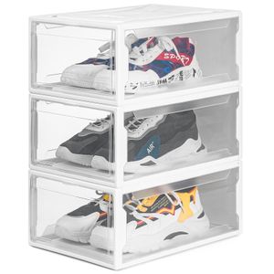 Yorbay Schuhbox 3er Set, für Schuhe bis Größe 48, Stapelbarer Schuhorganizer, Kunststoffbox mit Durchsichtiger Tür, 37 x 26 x 16 cm, Weiß
