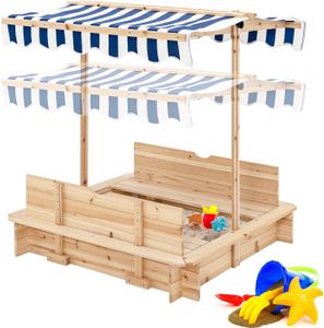 GOPLUS Kinder Sandkasten, Sandbox mit umwandelbaren Sitzbänken, Wasserdichte Überdachung, höhen- & winkelverstellbar, Outdoor Sandkiste
