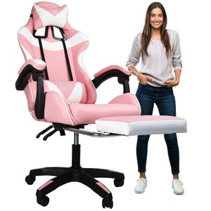 Gaming Stuhl mit Kopfstütze, Fußstütze Racing Bürostuhl Drehstuhl Sportsitz Rosa Schreibtischstuhl Gaming-Stuhl, bis zu 120kg