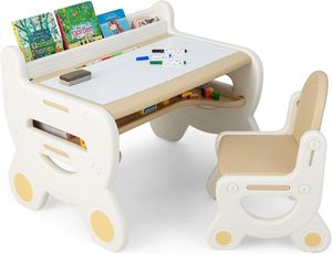 COSTWAY Dětská sedací souprava s výškově nastavitelnou deskou, dětský stolek se stoličkou, na kreslení, učení, hraní a jídlo, pro děti od 3 let (hnědá)