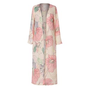 Frauen Floral Loose Kimono Boho Strand Kittel Langes Chiffon Top Langarm Bluse Pink L.