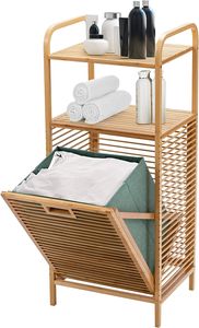 GOPLUS Badregal mit Wäschekorb, Badezimmer Regal Bambus, Badschrank mit 2 Regalfächern, Herausnehmbar Wäschesammler Bad Schlafzimmer