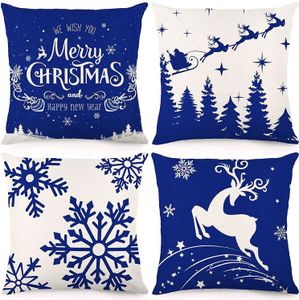 4er Set Weihnachten Blau Kissenbezug Leinen Druck Sofakissenbezug,A