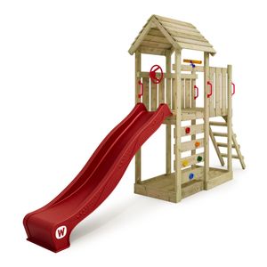 WICKEY Hrací věž JoyFlyer se skluzavkou, šplhací věží s pískovištěm, žebříkem a hracím příslušenstvím - červená