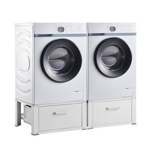 Waschmaschinen-Untergestell Heyen mit 2 Schubladen Waschmaschinen-Sockel 2-fach 2x150 kg  Doppeluntergestell Doppelpodest Erhöhung Stahl Weiß