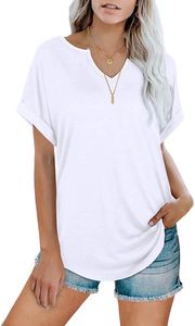 ASKSA Damen V-Ausschnitt T-Shirt Gerollt Kurzarm Basic Einfarbig T Shirt Sommer Lässig Tops, Weiß, M