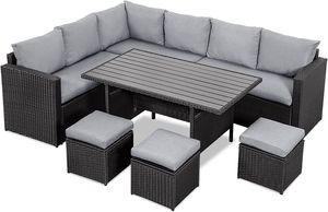 MeXo Gartenmöbel Set Polyrattan Essgruppe 7 Teile Lounge Sofa für 6-9 Personen mit Hocker, wetterfest Balkonset Sitzmöbel-Set Indoor Outdoor schwarz