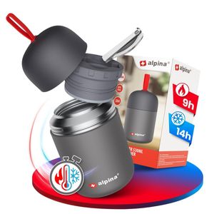 alpina Thermobehälter für Essen - SPÜLMASCHINENFESTER Thermo Becher 530 ml mit Druckausgleich und faltbarem Löffel - Hält extra lange warm und kalt I Edelstahl Thermobecher BPA frei