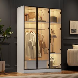Fine Life Pro Geräumiger weißer Kleiderschrank mit 3 Glastüren, 1 Schublade und 1 Kleiderstange, 110x50x160cm, mit LED-Licht