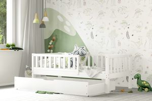 LEA BIS Kinderbett mit Zaun-Schutzgitter Weiß  Holzbett Schublade Schubkasten  100x200