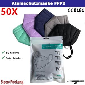 50x FFP2 Maske Atemschutzmaske Mundschutz 5 lagige Schutzmaske 95% Filtration Masken CE0161 (Schwarz, Grün, Lila, Blau, Grau)