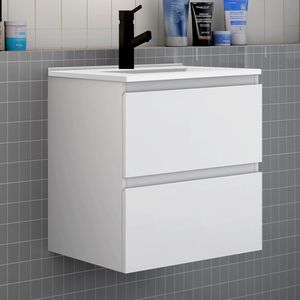 Badezimmermöbel 60cm CINIC-Serie Dünn Keramik Waschtisch mit Unterschrank Hängeschrank Badezimmerschränke mit 2 Schubladen Weiß Matt
