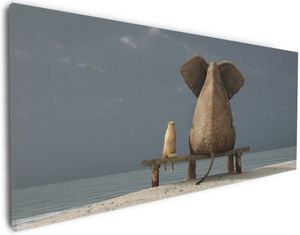 Wallario Premium Leinwandbild Elefant und Hund sitzen auf einer Bank in Größe 30 x 75 cm