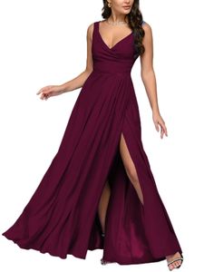 Damen V-Ausschnitt Plissierte Lange Kleid Formale Ärmellose Einfarbig Sommer Abendkleider Weinrot,Größe:M