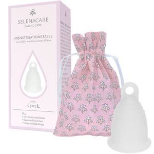 Selenacare Menstruationstasse Premium Transparent - mit Reinigungsbehälter und Aufbewahrungsbeutel, Größe L (33ml)