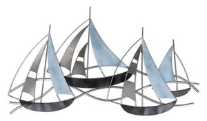 dekojohnson maritime Wanddeko Segelboote aus Metall Industrial Design Moderne Wandobjekt Ruderboote mediterrane Wandbild-Schifferboote silber blau 50x3x80cm