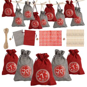 Jopassy 24 Adventskalender zum Befüllen, Adventskalender Stoffbeutel Säckchen mit 1-24 Sackleinen Taschen Jutesäckchen,Rot/Grau