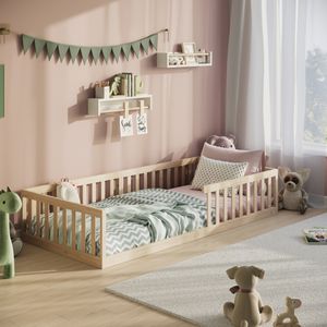 Bodenbett Bett mit Rausfallschutz & Lattenrost Montessori Bett Kinder Jugendbett Einzelbett optional mit Matratze | natur Kiefer 90x200 cm