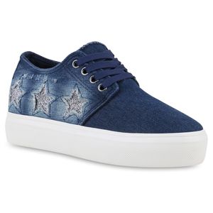 Mytrendshoe Damen Denim Plateau Sneaker Metallic Sterne Glitzer Used Look 816205, Farbe: Dunkelblau, Größe: 38