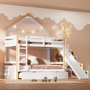 Flieks Etagenbett 90x200cm mit LED, Kinderbett Hochbett mit Rutsche und 2 Schubladen, Hausbett Stockbett Holzbett Einzelbett mit Lattenrost, Weiß