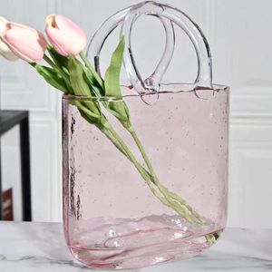 LOZAYI Dekorative Vase Glas Handtasche, Blumentopf, Vase für Blumenarrangements, klare handgefertigte Vase mit Blasenoptik, für Tischaufsteller, Küche, Büro, Wohnzimmer, Rosa