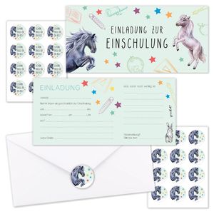 10er-Set Einladungskarten für Kinder zur Einschulung mit Pferd-Motiv I DIN Lang I mit Umschlägen I dv_1113