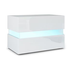 Vladon Nachttisch Flow,  Germany, Nachttischschrank mit Schublade Weiß matt/Weiß Hochglanz, inkl. LED-Beleuchtung (60 x 45 x 39 cm)