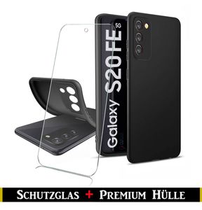 Für Samsung Galaxy S20 FE 5G - Silikon Schwarz Schutz Hülle + HD Panzerglas Schutzglas