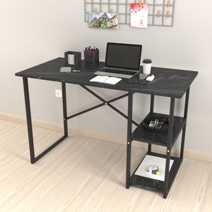 Schreibtisch Nittedal mit Regal Computertisch schwarze Marmor-Optik PC Tisch Bürotisch mit 2 Ablagen rechteckig Metallgestell