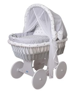 Baby Stubenwagen-Set mit Ausstattung,XXL,Gestell/Räder grau lackiert,grau/Sterne-grau