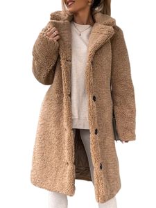 Damen Button Down Fleece Fuzzy Coat Winter Feste Farbe Plüsch-Mocke Warme Revers Sherpa-Jacke, Farbe: Braun, Größe: L