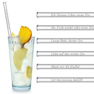 HALM Glasstrohhalme Gin Geschenkset 6 lustige Sprüche auf 23 cm Glas Strohhalmen graviert in Deutsch Glastrinkhalme als Gin Tonic Geschenk