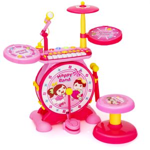 COSTWAY Kinder E-Trommel & Keyboard-Set, 2-in-1-Kinderschlagzeug mit 8-Tasten Keyboard, Hocker, Mikrofon, MP3, Aufnahme- & Abspielfunktion, LED-Leuchten, Kinder pädagogisches Musikinstrument (Rosa)