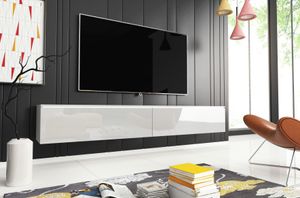 Minio, TV-Schrank "DONNA", Lowboard, 180 cm, mit LED-Beleuchtung, stehend, hängend, Weiß matt / Weiß Glanz