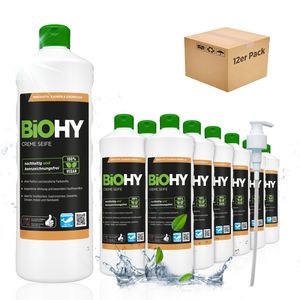 BiOHY Creme Seife (12x1l Flasche) + Pumpspender| Hautschonende, rückfettende und aus dem pflanzlichen Bereich PHOSPHATFREI| Ohne Parfüm und Farbstoffe