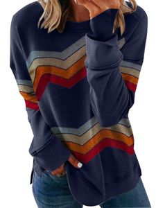 Damen Herbst Winter Langarm Streifen Blusen Casual Loose T-Shirts,Farbe: Dunkelblau,Größe:XL