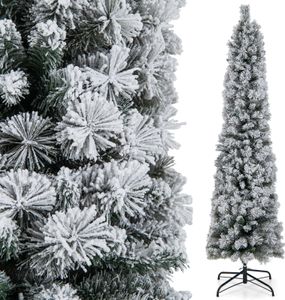 COSTWAY 180 cm vianočný stromček s ceruzkou a snehom, umelý vianočný stromček s osvetlením, 150 LED diód v teplej bielej farbe, úzky vianočný stromček s kovovým stojanom, umelý vianočný stromček PVC, biely