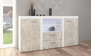 FURNIX Sideboard RIVAY Esszimmer Kommode mit 2 Schubladen und Glasvitrine klassisch, pflegeleicht 2F2S B156,4 cm Weiß/Beton