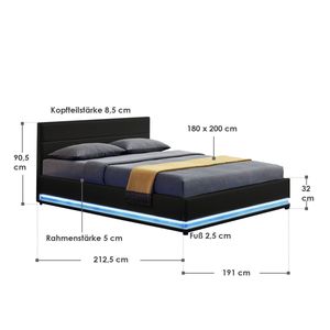 Juskys Polsterbett Toulouse 180x200 cm mit LED Beleuchtung, Bettkasten & Lattenrost - Bezug aus Kunstleder - Bett Doppelbett Stauraumbett - schwarz
