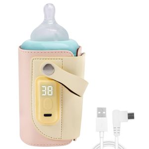 tragbarer fläschchenwärmer für reisen, babyflaschenwärmer für muttermilch und pulvermilch, 5 temperaturstufen, LED-anzeige, USB-wärmer für auto (rosa)