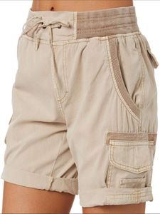 Shorts Damen Kurze Hosen Elastische Sommer Baumwolle Strand Stoffhose mit Taschen Khaki,Größe L