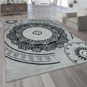 Teppich Wohnzimmer Kurzflor Orient Design Vintage Mandala Muster Grau Weiß, Grösse:200x280 cm