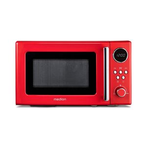 MEDION Retro Mikrowelle (20 Liter, ca. 800 Watt, 5 Mikrowellenstufen, Digitale Anzeige, Auftaufunktion, kompakt) rot